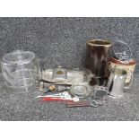 Drinking items to include ice buckets, hip flask, tankards together with a biscuit barrel etc