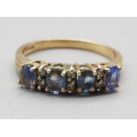 Ladies 9ct yellow gold blue, purple & diamond stone ring, size M