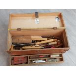 Vintage tool box full of vintage wooden hand tools