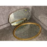 Gilt framed oval shaped wall mirror together with a vintage frameless mirror