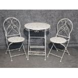 Cast metal bistro table & 2 matching chairs with tiled table top and chair seats