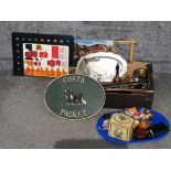 Box of brass plaques and other metalware with a tray of match books and boxes etc
