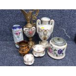 Tray of miscellaneous items including ducal lidded pots, vintage ewer etc