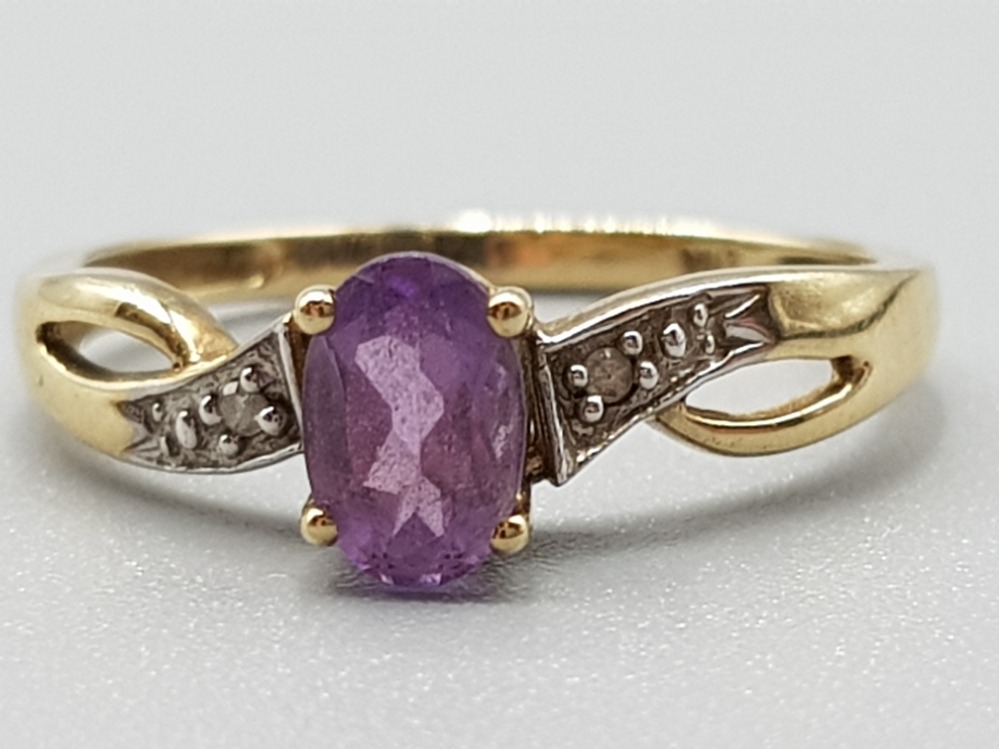 Ladies 9ct yellow gold purple stone and diamond ring size L 1.3g gross