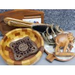 Miscellaneous wooden items including animal ornaments, fruit bowl, brush set etc
