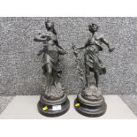 A pair of spelter classical figures of a man and woman 41cm high