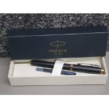 New Parker premium fountain pen in black with gold trim, in original box of issue