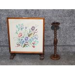 A folding table/fire screen with embroidered panel, and an ashtray stand