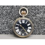 Large vintage metal pocket watch with black & white enamelled dial