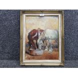 An oil painting by Sydney B Hales after R Welch "After Work" 39.5 x 29cm