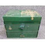 Genuine Vintage cardboard Harrods box in green and gold, with lift off lid & fitted with 2 drawers