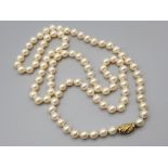 A pearl necklace comprising of ninety-five Akoya cultured Pearl's, threaded and knotted to a 18ct