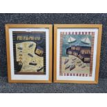 Pair of colour prints in the style of Alfred Wallis, harbour scenes, 39x28.5cm