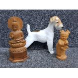 Ceramic USSR fox terrier ornament together with 2 ooriental style carved figures