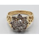 Ladies 9ct yellow gold diamond cluster ring size N 4.1g gross