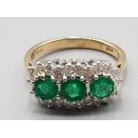 Ladies 9ct yellow gold emerald and diamond cluster ring size M 3.8g gross