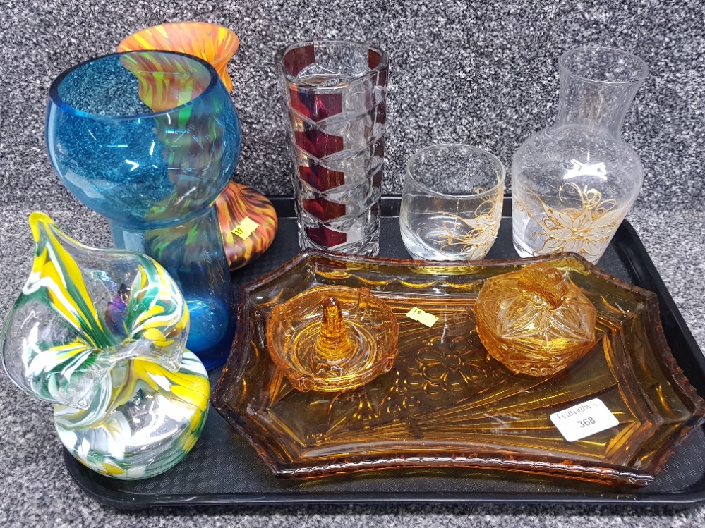 Tray of mixed glassware including art glass Jack in the pulpit vase, amber glass dressing table part