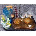 Tray of mixed glassware including art glass Jack in the pulpit vase, amber glass dressing table part