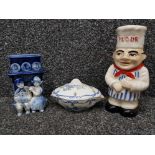 Ceramic items: flour shaker, delft spill vase and a small tureen and cover