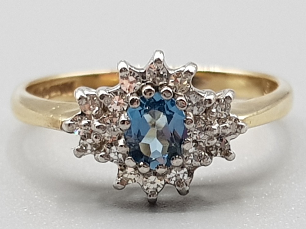 Ladies 9ct yellow gold blue topaz and diamond cluster ring size O 2.7g gross