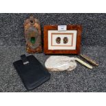 Collectables to include an ammonite decorated box, carved hardstone lizard sculpture, two pen knives