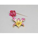 Aynsley china flower pin and dipped orchid brooch