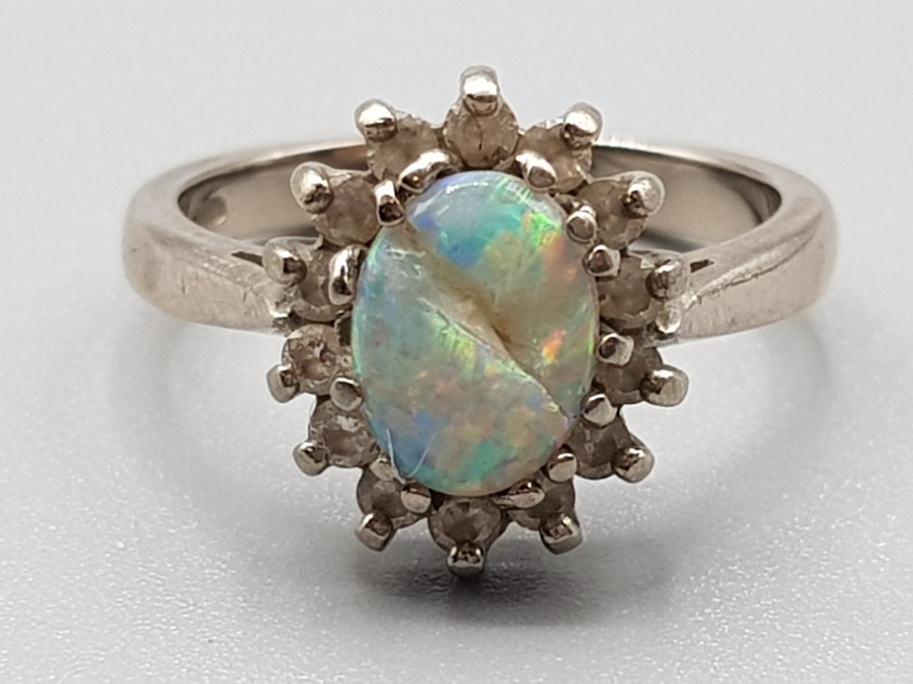 18ct white gold opal and diamond cluster ring (opal cracked) size K 1/2 5.2g gross