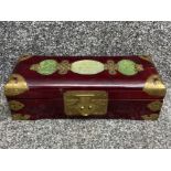 Chinese hardwood & brass jewellery box with Jade lozenges on top