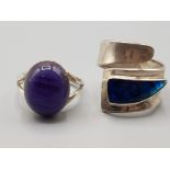 Two silver rings one amethyst size S 5.7g gross and one abalone size 4.1g gross