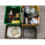 2 good boxes of kitchenalia including pans, trays etc