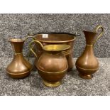 Lot comprising of copper and brass bucket with wrought iron handle & 3 brass and copper jugs