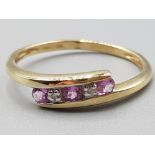 Ladies 9ct yellow gold pink stone and diamond ring size P 1.4g gross