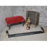 Fire curb, spark guard, and brass companion set, together with a low stool
