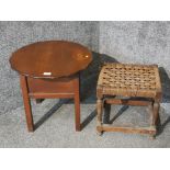 A mid 20th century sewing box and a stool with reed seat