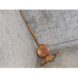 Wooden handled Copper & brass bed pan together with vintage bellows