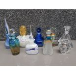 9x colour glass perfume bottles, all complete with stoppers