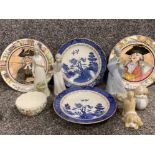 Tray of Spanish figural ornaments, Haddon Hall sugar bowl, 2 Royal Doulton series ware of the parson