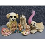 Four Pendelfin rabbits, three resin and plaster dog ornaments and a murano style glass ornament of a