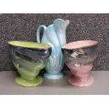Pair of Maling Lustre bowls & Large water jug, in green, pink & blue