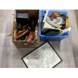 2 boxes of kitchen ware, wooden items, map of shields fishing points & wormbeds etc