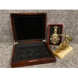 Mahogany style medal or coin collection box with a metal figure of Don Quixote horseback also