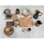 Copper ware to include a sauce pan, tray, engravering plates, jug and other items