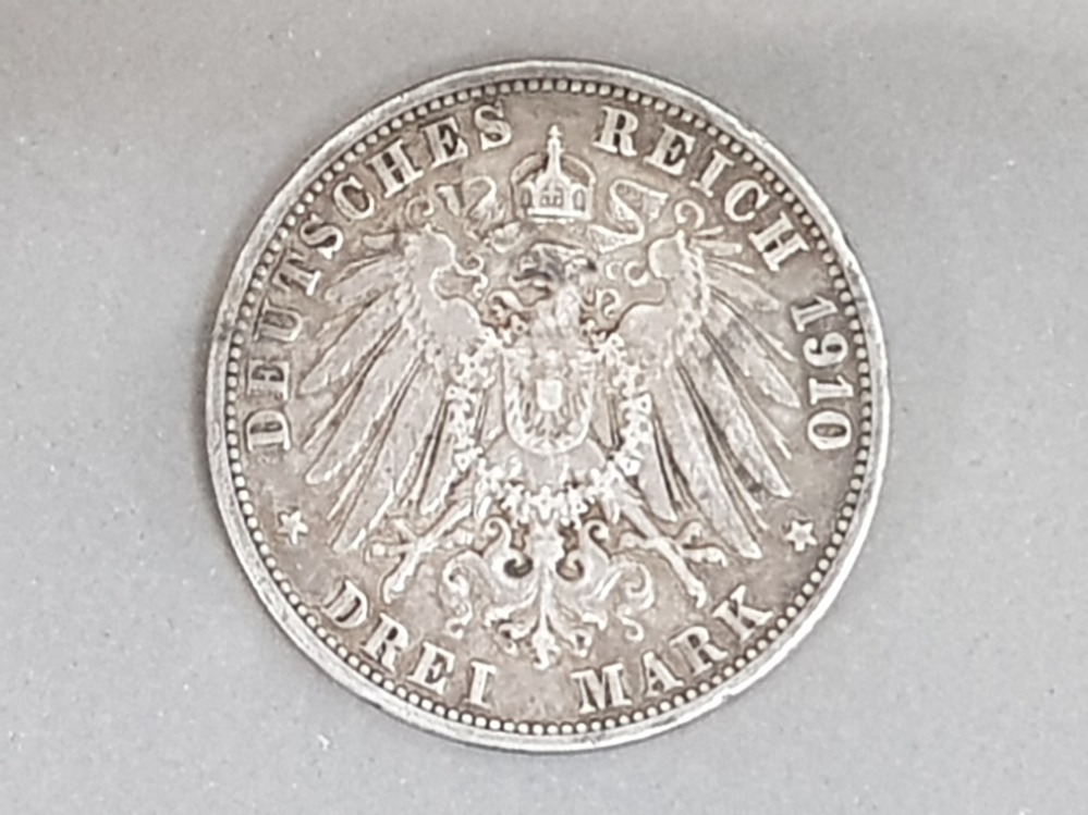 Antique German silver 3 Marks coin dated 1910