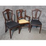 An Edwardian carved mahogany carver chair, together with a pair of mahogany Hepplewhite dining