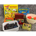 Tray of vintage toy games including Penalty & Rupert jigsaw, box of counters etc