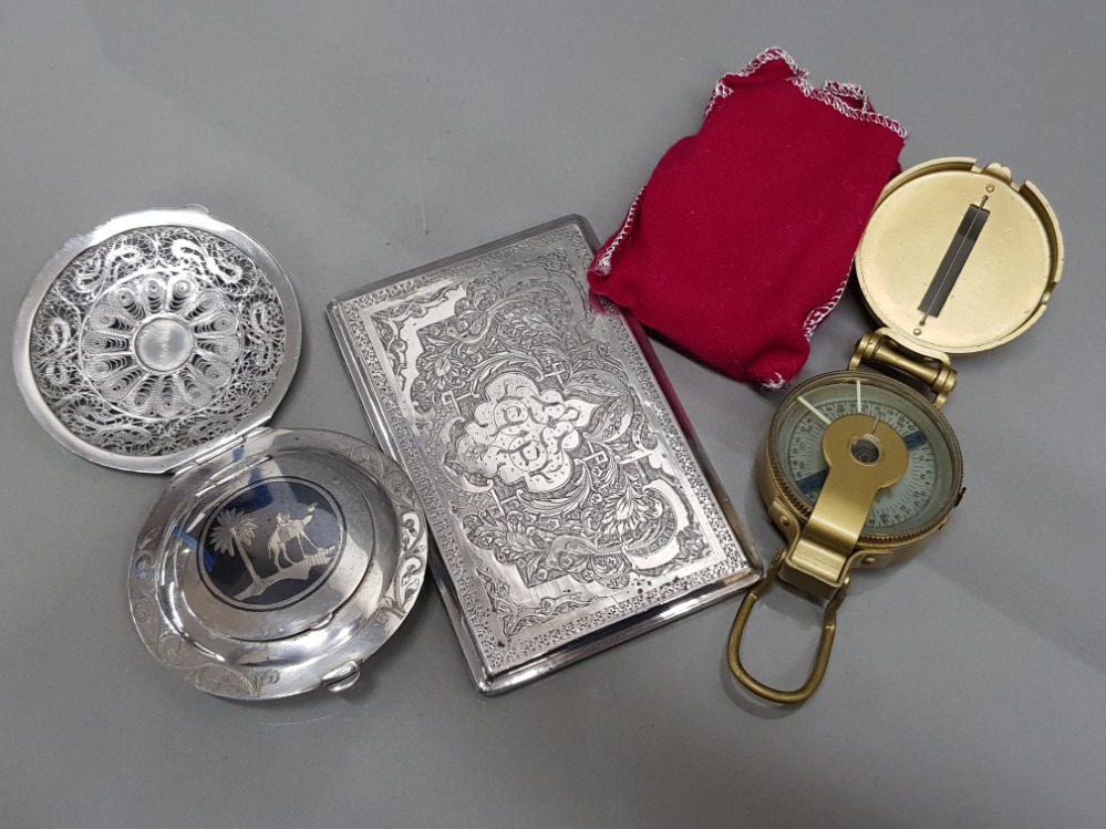 Vintage nicley decorated metal compact & cigarette case also includes Lensatic liquid filled