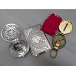 Vintage nicley decorated metal compact & cigarette case also includes Lensatic liquid filled