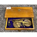 Vintage wooden case with single drawer containing set of chemist/drug scales, also includes weights