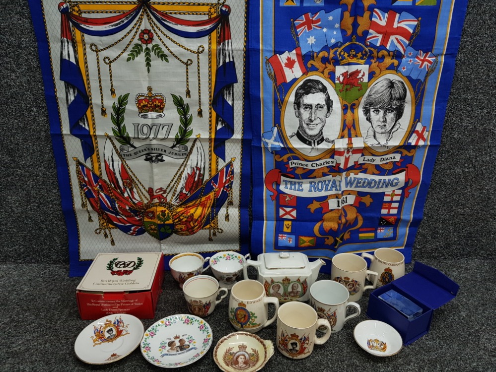 Box of commemorative ware includes Maling Coronation 1953 dish, glass Queen Elizabeth II paperweight