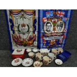 Box of commemorative ware includes Maling Coronation 1953 dish, glass Queen Elizabeth II paperweight